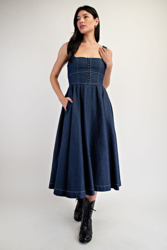 Denim Fit & Flare Midi Dress