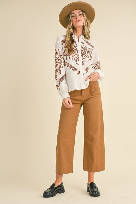 PATCH POCKET WIDE LEG CROPPED PANTS