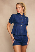 Puff Sleeve Denim Top With Shorts