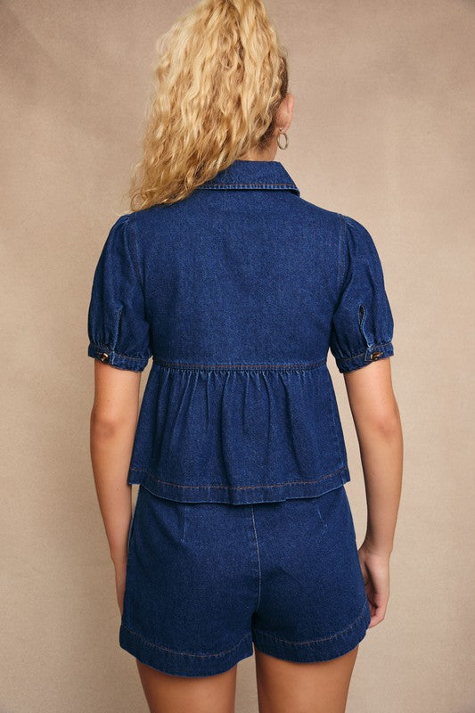 Puff Sleeve Denim Top With Shorts