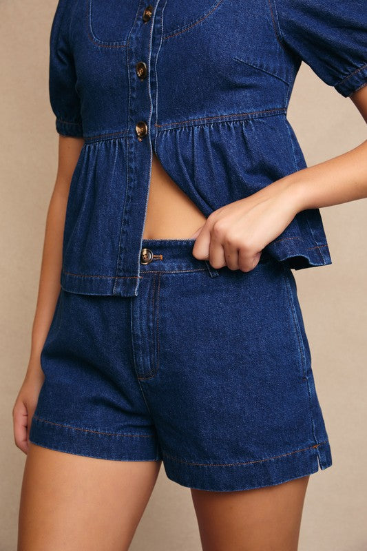 Puff Sleeve Denim Top With Shorts