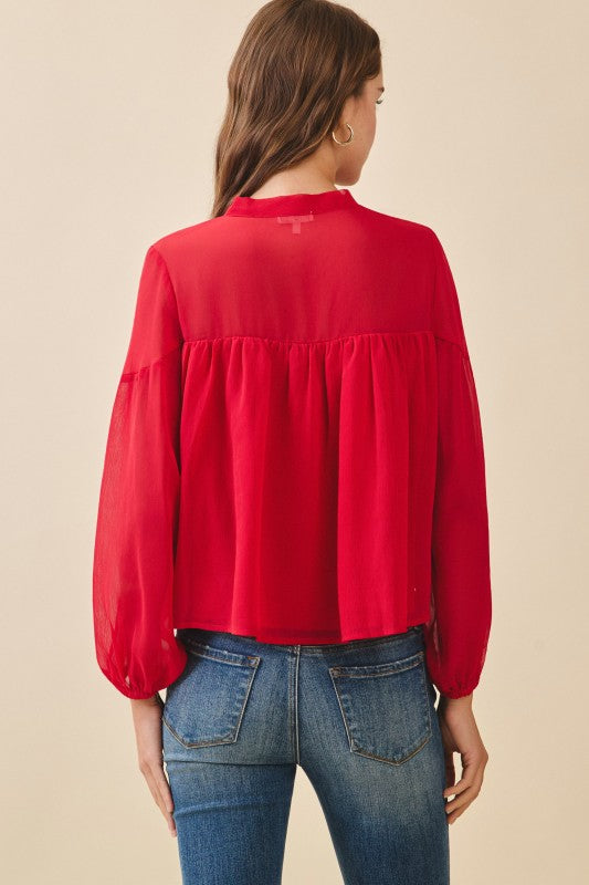 CHIFFON TIE NECK SHEER TOP