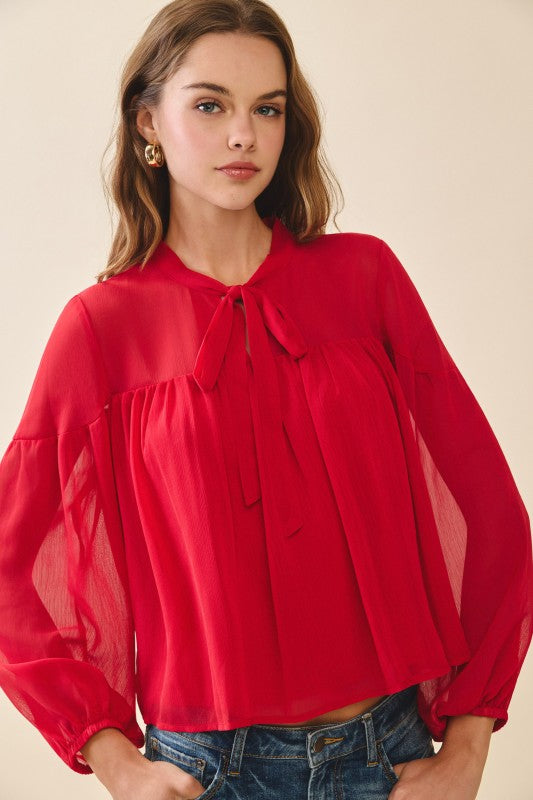 CHIFFON TIE NECK SHEER TOP