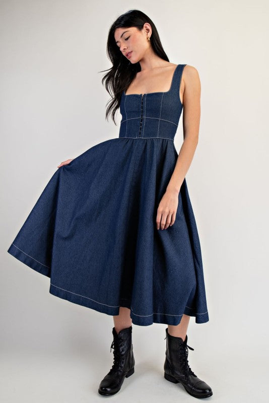 Denim Fit & Flare Midi Dress