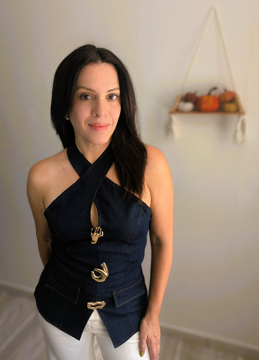 DENIM HALTER TOP WITH METAL BUTTONS