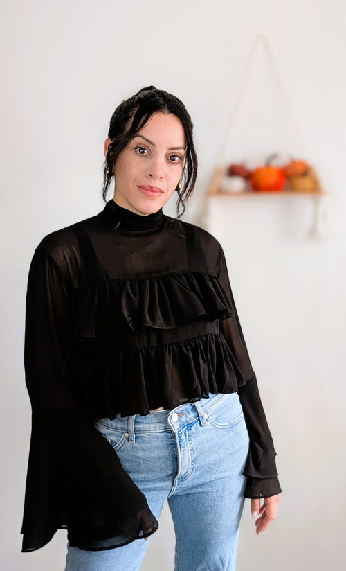 BLACK RUFFLE SHEER BLOUSE