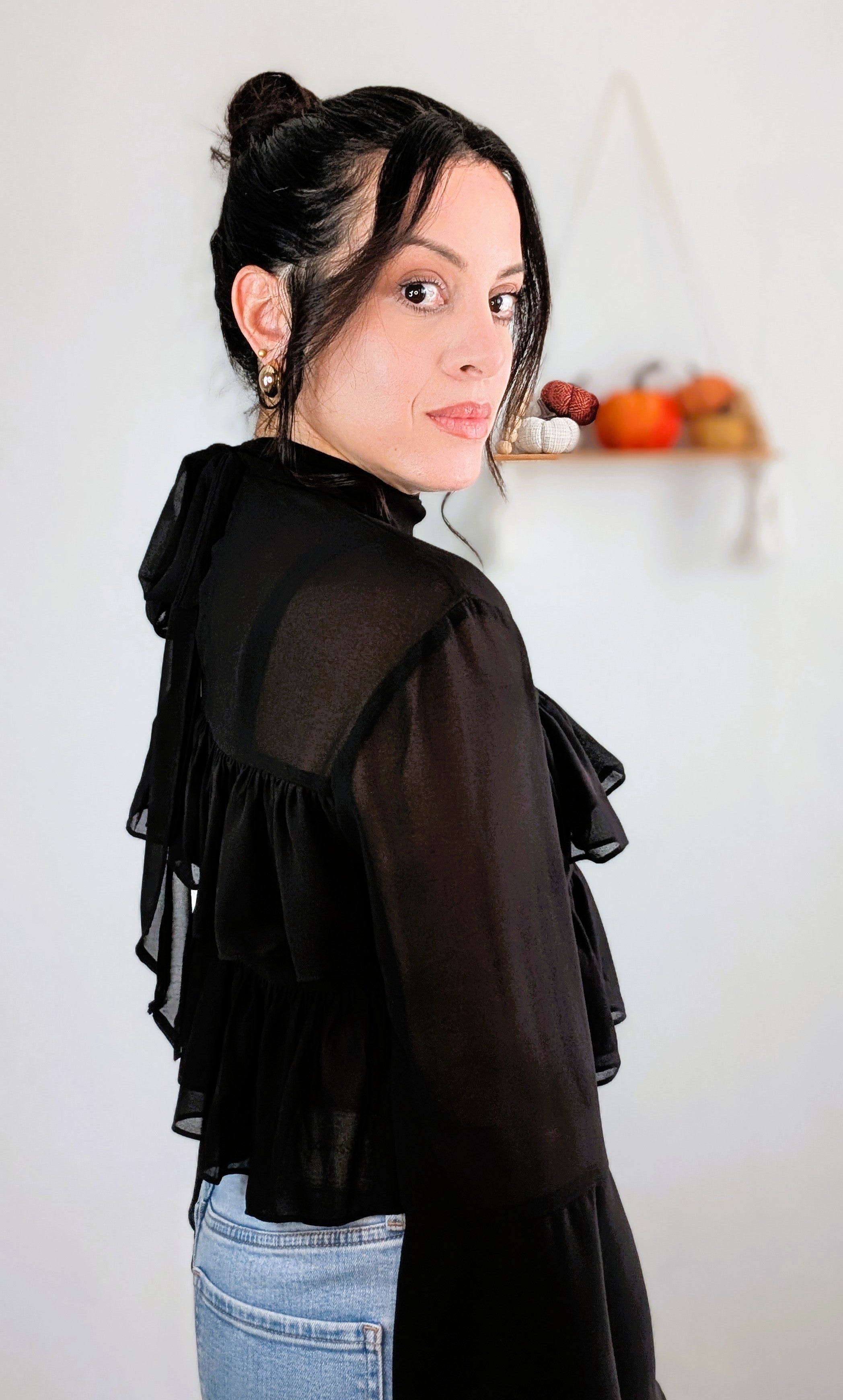 BLACK RUFFLE SHEER BLOUSE