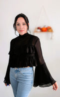 BLACK RUFFLE SHEER BLOUSE