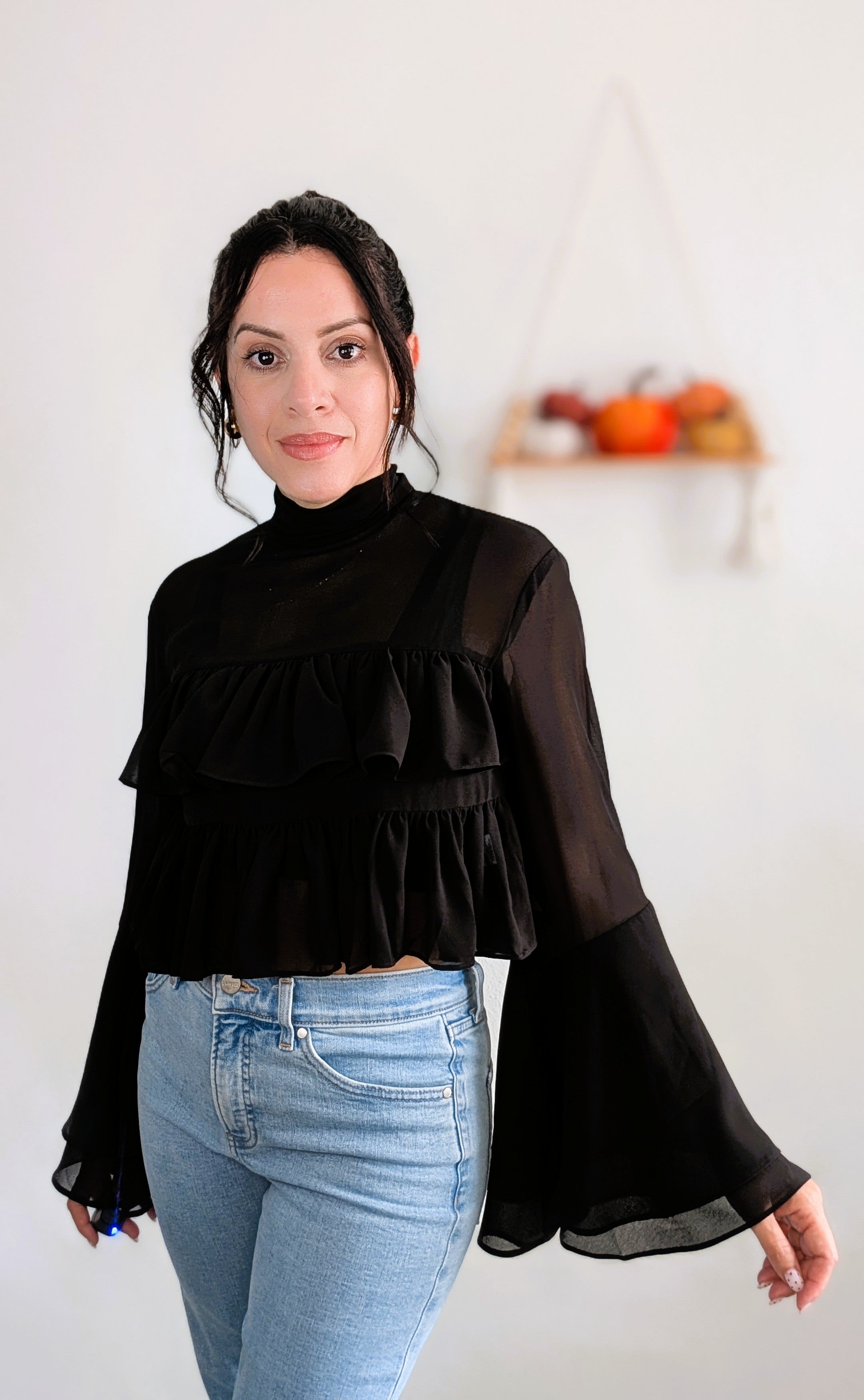 BLACK RUFFLE SHEER BLOUSE