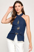 DENIM HALTER TOP WITH METAL BUTTONS
