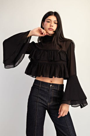 BLACK RUFFLE SHEER BLOUSE