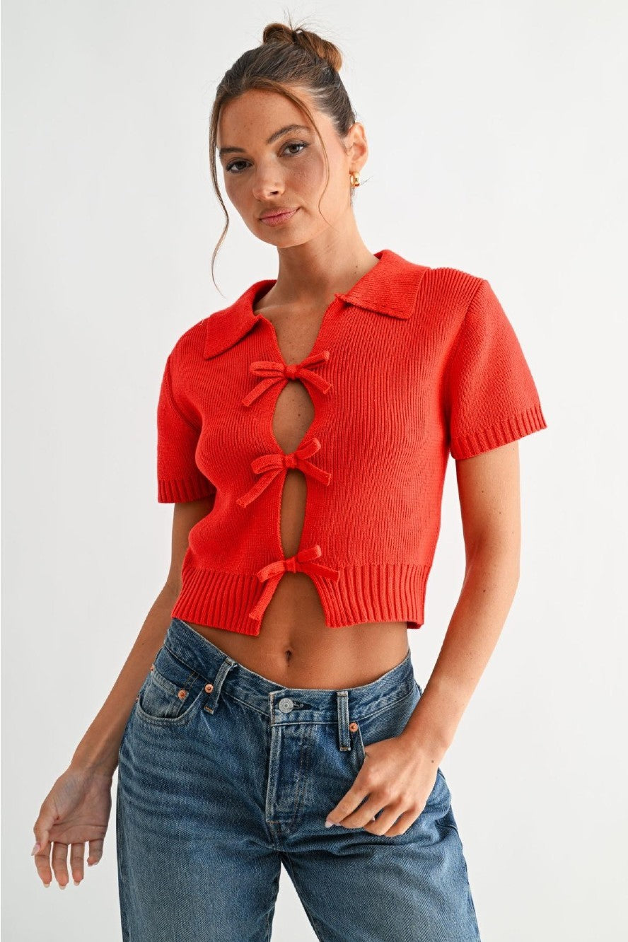 BOW-TIE FRONT KNIT TOP
