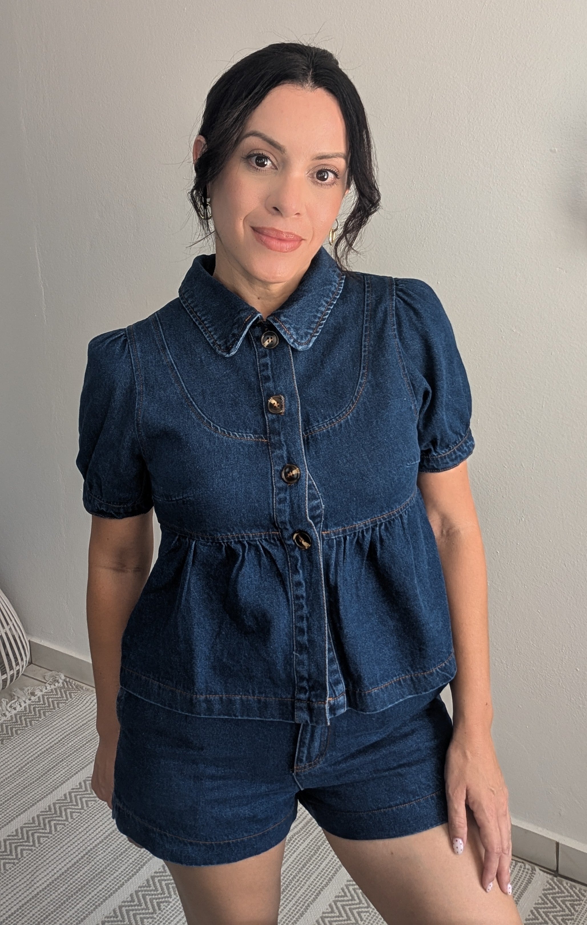 Puff Sleeve Denim Top With Shorts