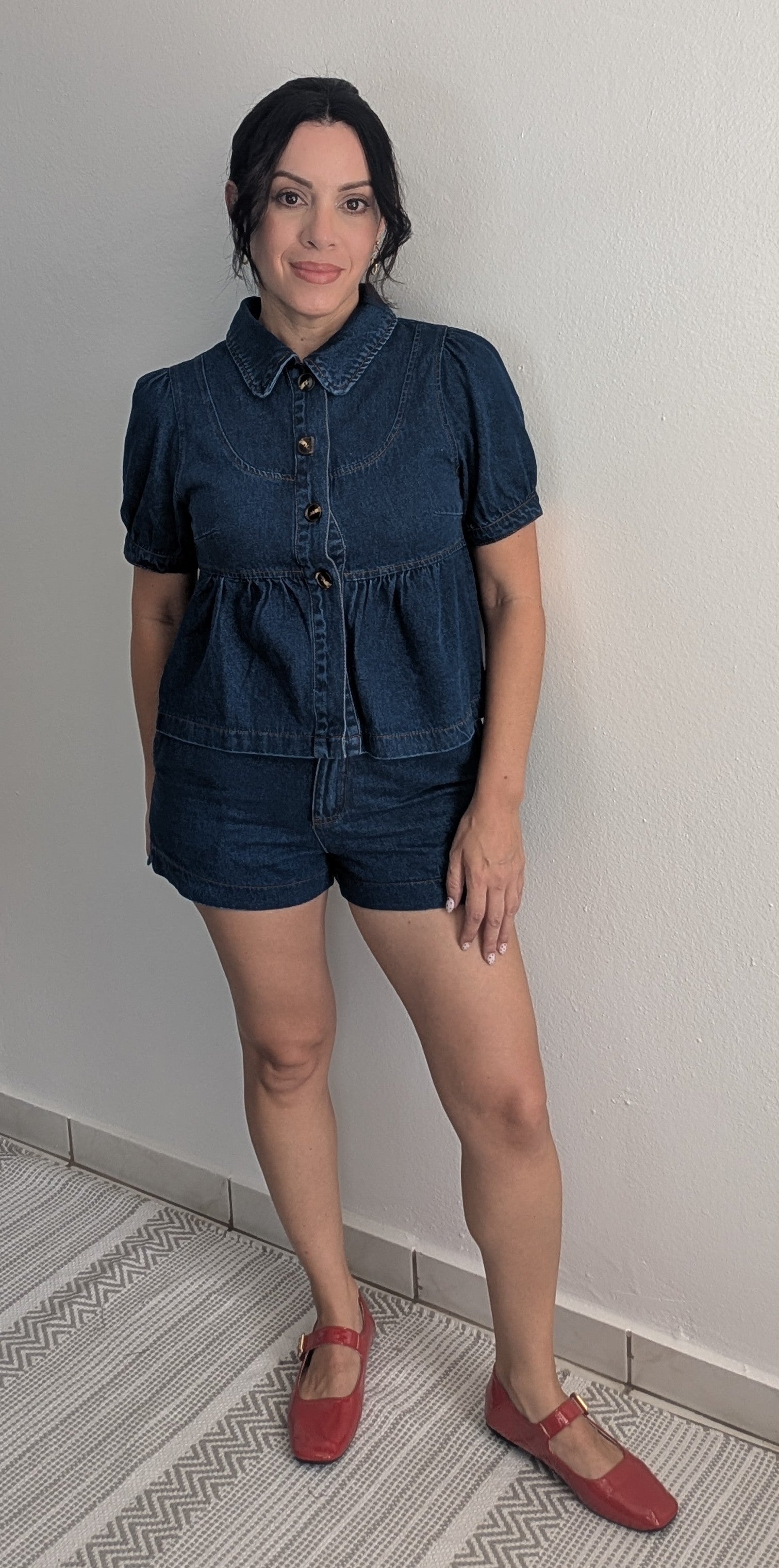 Puff Sleeve Denim Top With Shorts