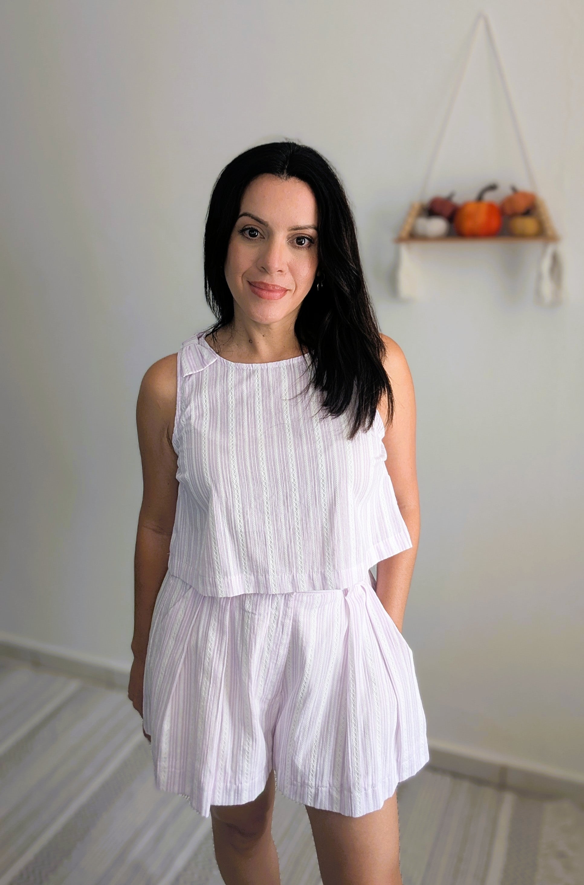 STRIPED SHOULDER BOW CROP SET