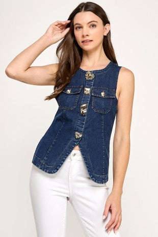 Metal Button Denim Vest Top